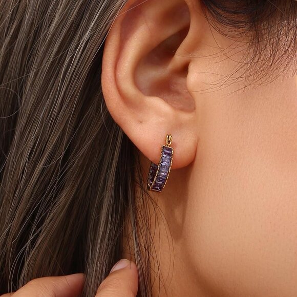 Purple Zircon Huggie Hoop Earrings 18K Gold Plated Stainless Steel Women’s Jewel - Picture 3 of 9